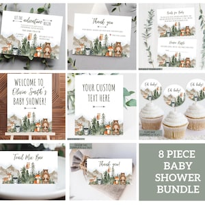 Könnte beinhalten: Ein 8-teiliges Babyparty-Set mit Illustrationen von Waldtieren. Enthält Einladungen, Dankeskarten, Gastgeschenkanhänger, Cupcake-Topper und ein Willkommensschild. Das Design beinhaltet Berge, Bäume und Tiere im Aquarellstil.