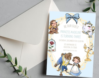 Invitación de cumpleaños editable de la princesa Bella, invitación para fiesta de cumpleaños de La Bella y la Bestia, ¡Sé nuestra invitada!, Disney, DESCARGA INSTANTÁNEA