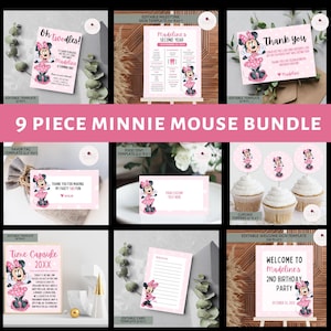 Pode incluir: Um pacote de festa Minnie Mouse de nove peças. O conjunto inclui convites, um letreiro de marco, cartões de agradecimento, etiquetas de lembrancinhas, modelos de tendas de comida, toppers de cupcake, um letreiro de cápsula do tempo, um cartão editável e um letreiro de boas-vindas.