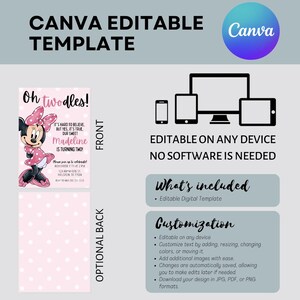 May include: A Canva editable template for a birthday invitation. The front features a Minnie Mouse graphic and the text "Oh twodles!" and "Madeline is turning two!" The back has a pink polka dot pattern. The template is editable on any device.