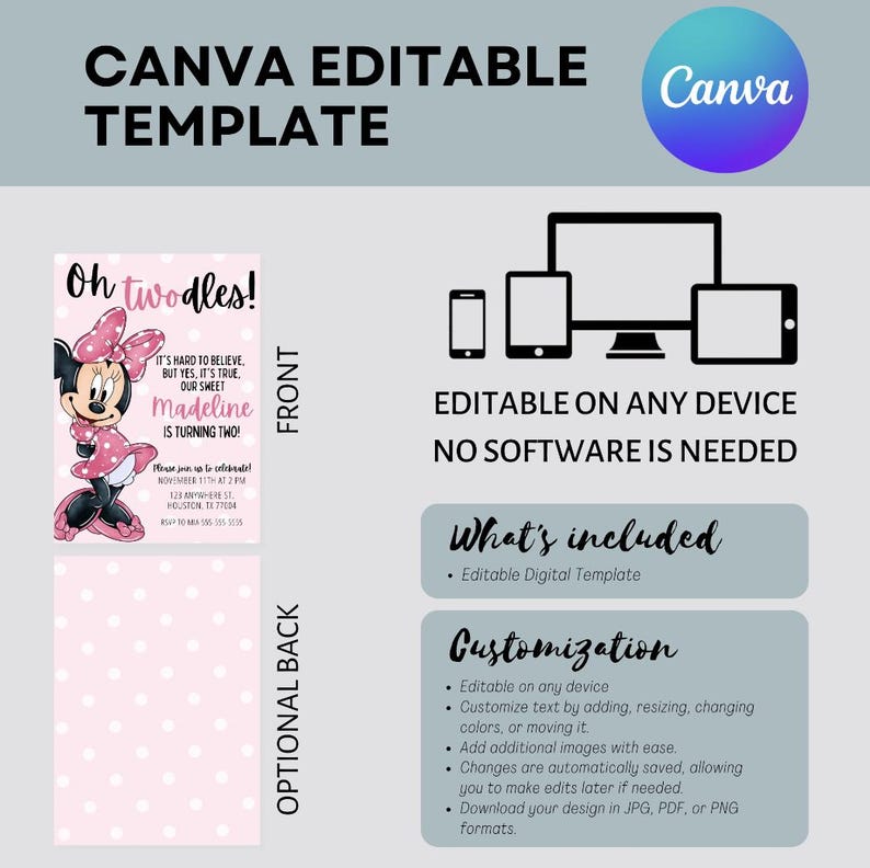 May include: A Canva editable template for a birthday invitation. The front features a Minnie Mouse graphic and the text "Oh twodles!" and "Madeline is turning two!" The back has a pink polka dot pattern. The template is editable on any device.