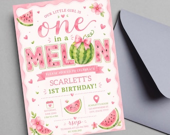 EDITABLE One in a Melon 1st Birthday Invitation, Watermelon First Birthday Invitation, Melon Party Invite Printable DIGITAL OM1