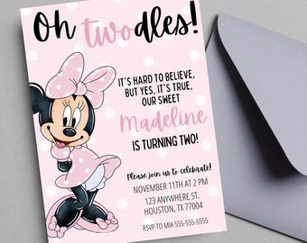Invitación de cumpleaños de Minnie Mouse Oh Twodles rosa claro editable Invitación de cumpleaños de niña Tema de segundo cumpleaños DESCARGA INSTANTÁNEA