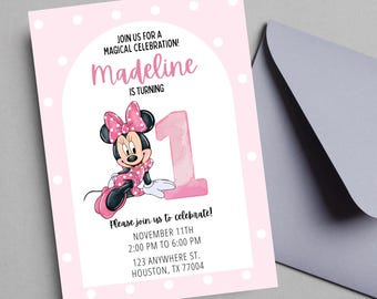 EDITIERBARE Minnie Mouse Einladung zum 1. Geburtstag Minnie Mouse Party Einladung zum 1. Geburtstag Minnie Theme SOFORTIGER DOWNLOAD