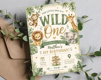 EDITABLE Wild One 1st Birthday Invitation, Safari First Birthday Invitation, Zoo Animals, Party Animal Party Invite Printable DIGITAL WO2