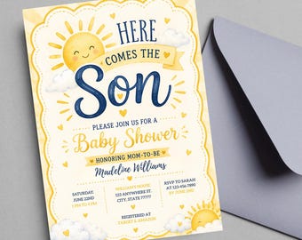EDITABLE Here Comes the Son Baby Shower Invitation Sonshine Sun Themed Baby Shower, Sunshine Baby Sprinkle Theme Printable DIGITAL HS1