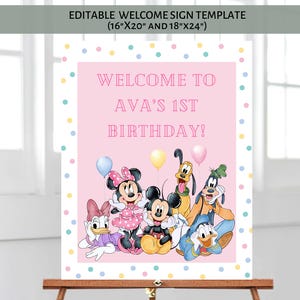 May include: A pink birthday welcome sign with the text "WELCOME TO AVA'S 1ST BIRTHDAY!" and cartoon characters. The sign is surrounded by colorful polka dots and includes the text "EDITABLE WELCOME SIGN TEMPLATE (40.6cm x 50.8cm AND 45.7cm x 61cm)".