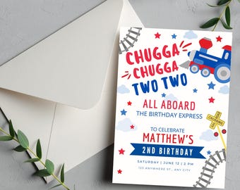 Convite de aniversário editável com o tema "Chugga Chugga Two Two Train", perfeito para um menino que completa 2 anos. Download instantâneo.