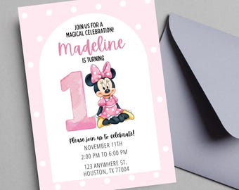 EDITIERBARE Minnie Mouse Einladung zum 1. Geburtstag Minnie Mouse Party Einladung zum 1. Geburtstag Minnie Theme SOFORTIGER DOWNLOAD