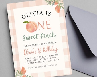 Invitación de primer cumpleaños editable de Sweet Peach: Plantilla de invitación para el primer cumpleaños (descarga digital)