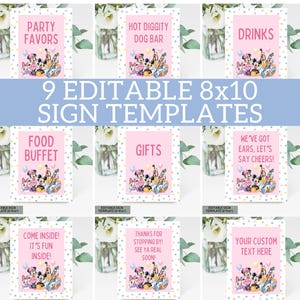 May include: Nine editable 8x10 sign templates with a pink background and a polka dot border. Each sign features a different phrase, such as "Party Favors" and "Drinks", along with cartoon characters. The text "Your Custom Text Here" is also included.