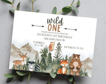 Invitación editable de Wild One: animales del bosque, fiesta de cumpleaños, descarga instantánea