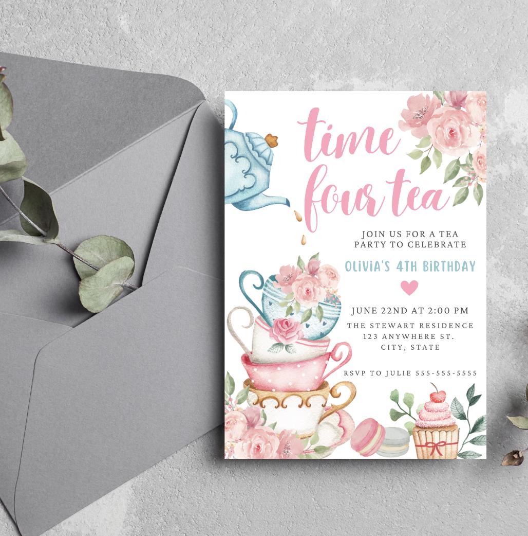 Time Four Tea Invitation EDITABLE Time Four Tea Birthday Invitation: Floral Tea Party Invite 4th ...