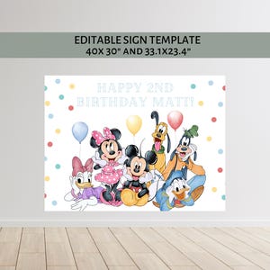 May include: A birthday sign with Disney characters Mickey Mouse, Minnie Mouse, Donald Duck, Daisy Duck, Goofy, and Pluto. The sign says "Happy 2nd Birthday Matt!" and has balloons and polka dots. The sign measures 101.6x76.2 cm.