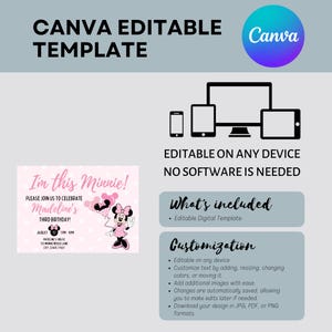 May include: A pink Canva editable template for a Minnie Mouse themed third birthday party invitation. The invitation features Minnie Mouse holding balloons, with event details and the text "I'm this Minnie!". The design is editable on any device.