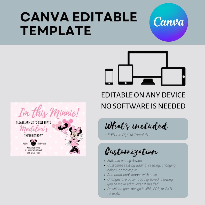 May include: A pink Canva editable template for a Minnie Mouse themed third birthday party invitation. The invitation features Minnie Mouse holding balloons, with event details and the text "I'm this Minnie!". The design is editable on any device.