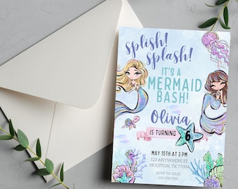 Editable Mermaid Birthday Invitation: Pool Party Theme (Digital Download)