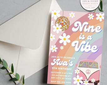 EDITABLE Nine is a Vibe, 9th Birthday Party Invitation, Daisy, Disco, Groovy, Ninth Birthday Themes Girl Birthday INSTANT DOWNLOAD