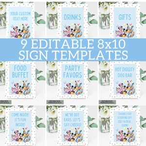 May include: Nine editable 8x10 sign templates with a light blue background and a polka dot border. Each sign features a different message, including "Drinks," "Gifts," and "Food Buffet." The signs have cartoon character illustrations.