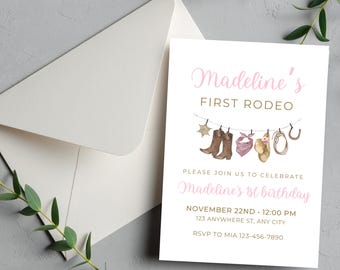 EDITABLE Pink First Rodeo Birthday Invitation: Editable Cowgirl Party 1st Birthday Invite (Digital Download)