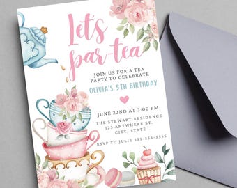 Invitación editable para fiesta de té: Cumpleaños de niña con flores (descarga digital)