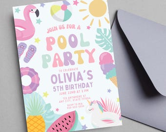 Editable Pool Party Birthday Invitation: Summer Luau Theme (Digital Download)