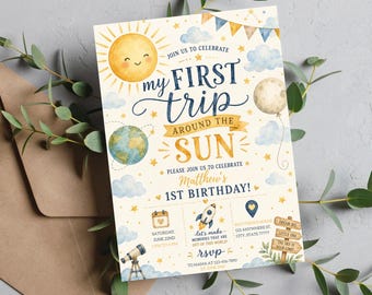 EDITABLE First Trip Around the Sun Birthday Invite, Space 1st Birthday Invitation Planet First Birthday Outer space Printable DIGITAL FT1