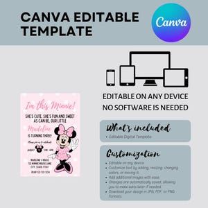 Puede incluir: Una plantilla editable de Canva con el texto "I'm this Minnie!" y un gr&aacute;fico de Minnie Mouse. La plantilla incluye opciones de personalizaci&oacute;n y es editable en cualquier dispositivo. El dise&ntilde;o es rosa y negro.