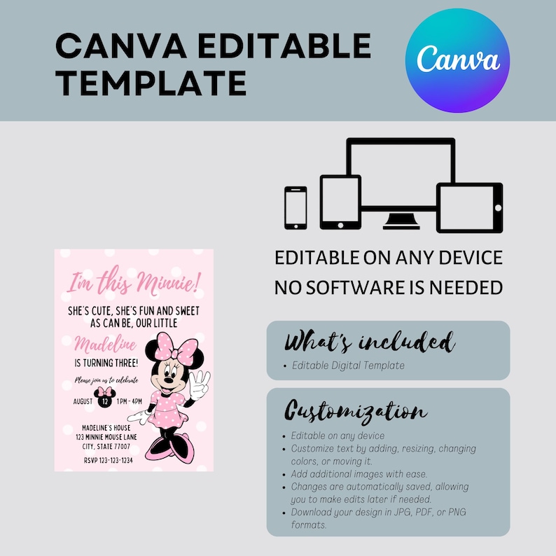 Puede incluir: Una plantilla editable de Canva con el texto "I'm this Minnie!" y un gr&aacute;fico de Minnie Mouse. La plantilla incluye opciones de personalizaci&oacute;n y es editable en cualquier dispositivo. El dise&ntilde;o es rosa y negro.
