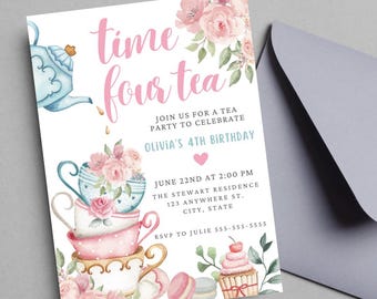 Invitación de cumpleaños editable "Time Four Tea": Invitación floral para fiesta de té (descarga digital)