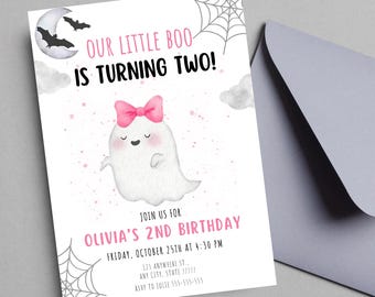 EDITIERBARE Halloween Einladung zum 2. Geburtstag: Unser kleiner Boo ist zwei (Digitaler Download)