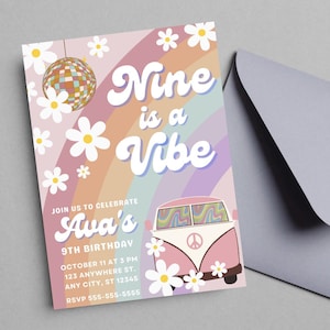 EDITABLE Nine is a Vibe, 9th Birthday Party Invitation, Daisy, Disco, Groovy, Ninth Birthday Themes Girl Birthday INSTANT DOWNLOAD