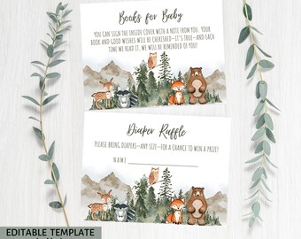 Tarjeta editable para rifa de pañales y libros para baby shower de Woodland (descarga digital) WBS11