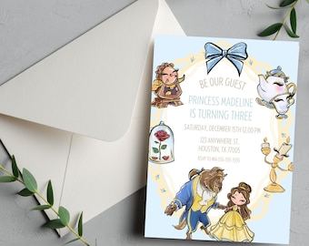 Invitación de cumpleaños de la princesa Bella EDITABLE, invitación de fiesta de cumpleaños de la Bella en la bestia Sé nuestra invitada Chica Disney DESCARGA INSTANTÁNEA