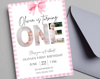 Editable First Birthday Invitation: Pink Gingham, Girl 1st Birthday Invite (Digital Download)