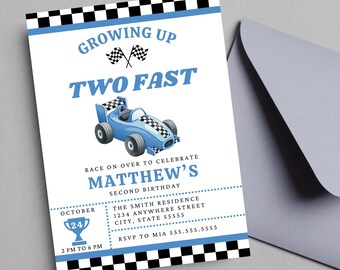Invitación editable para segundo cumpleaños de coche de carreras: "Creciendo dos rápidos" (descarga digital)