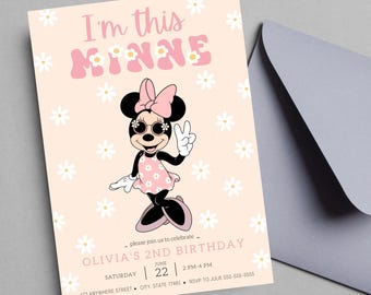 Invitación digital editable para el tercer cumpleaños de Minnie Mouse Daisy. ¡Oh, adiós! Fiesta de tercer cumpleaños de Minnie Mouse. Descarga instantánea.