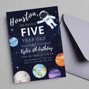 EDITABLE Houston, tenemos una invitación para fiesta de cumpleaños de un niño de cinco años, invitación para el quinto cumpleaños, Canva DESCARGA INSTANTÁNEA