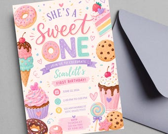 EDITABLE Sweet One First Birthday Invitation, She's a Sweet One Birthday Invite, Pastel Sweets Party, Donut Cake Ice Cream Theme DIGITAL SO1