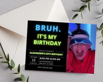 Invitación de cumpleaños editable de Skibidi Bruh: Fiesta de juegos neón para preadolescentes (editable, descarga instantánea)