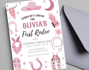 EDITABLE Pink First Rodeo Birthday Invitation: Editable Cowgirl Party 1st Birthday Invite (Digital Download)