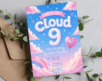 EDITABLE Cloud 9 Birthday Invitation Template We're on Cloud 9 Party Invite, 9th Birthday Girl Invitation Pink Cloud Theme  Canva DIGITAL C9