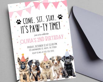 Invito di compleanno modificabile per cuccioli: tema Pawty (download digitale)