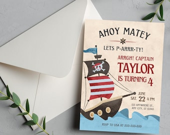 Invitación de cumpleaños pirata editable: ¡Ahoy, amigo! (Descarga digital)