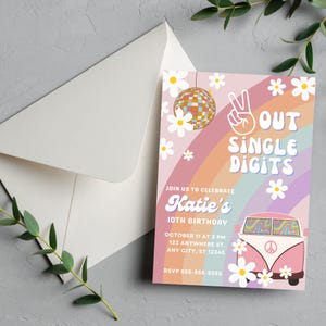 EDITABLE Peace Out Single Digits 10th birthday invitation Daisy Disco Groovy Hippie tenth Birthday Themes Birthday Invite INSTANT DOWNLOAD