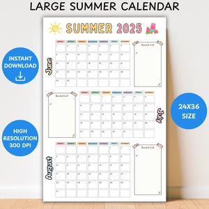 2025 Sommerkalender, großer Wandkalender, großes Sommer-Planer-Poster, lustiger Sommerkalender für Kinder, Sommer-Prints druckbare Download
