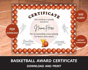Basketball Award Certificate: End of Season Team Awards (PDF Download