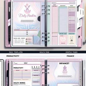 Könnte beinhalten: Digitales Planer-Template in Rosa, Blau und Weiß. Enthält Abschnitte für tägliche Vorlagen, Produktivität, Gesundheit und Finanzen. Der Text "DIGITAL PLANNER TEMPLATE" und "UIDATED UNDATED" steht oben.