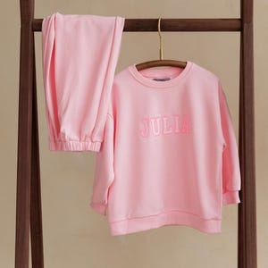 Custom Kids Name Tracksuit Personalized Pink Sweatshirt, Joggers Set Embroidered Toddler Outfit Gift for Girls, School, Days Out, Adventures