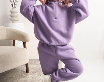 Completo sportivo in pile personalizzato: tuta da ginnastica per bambina con ricamo personalizzato, felpa con cerniera a un quarto e pantaloni